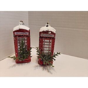 Set Of 2 Red Retro Style Telephone Booth Christmas Tree Ornaments READ